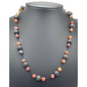 Necklace Women 16" Beaded Black & Red Orange Lava Rock 925 Silver Clasp